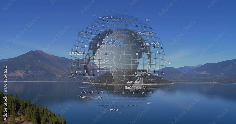 Fototapeta premium Hovering digital globe wireframe floating above lake in mountain valley, with numeric data labels