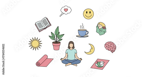 Self-care and wellness meditation, reading, and enjoying a warm drink