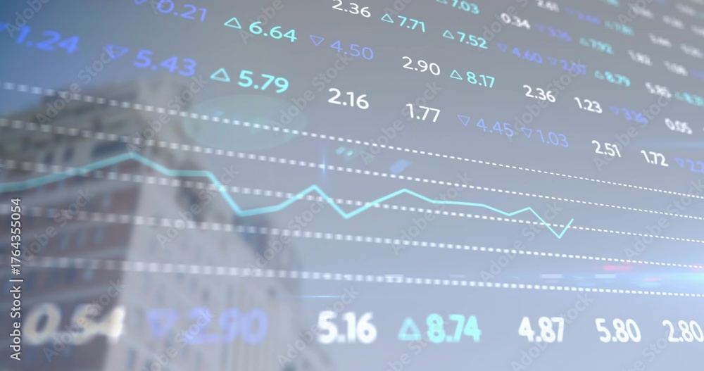 Obraz premium Displaying translucent ticker overlay with line graph and arrows over blurred highrise, palm frond