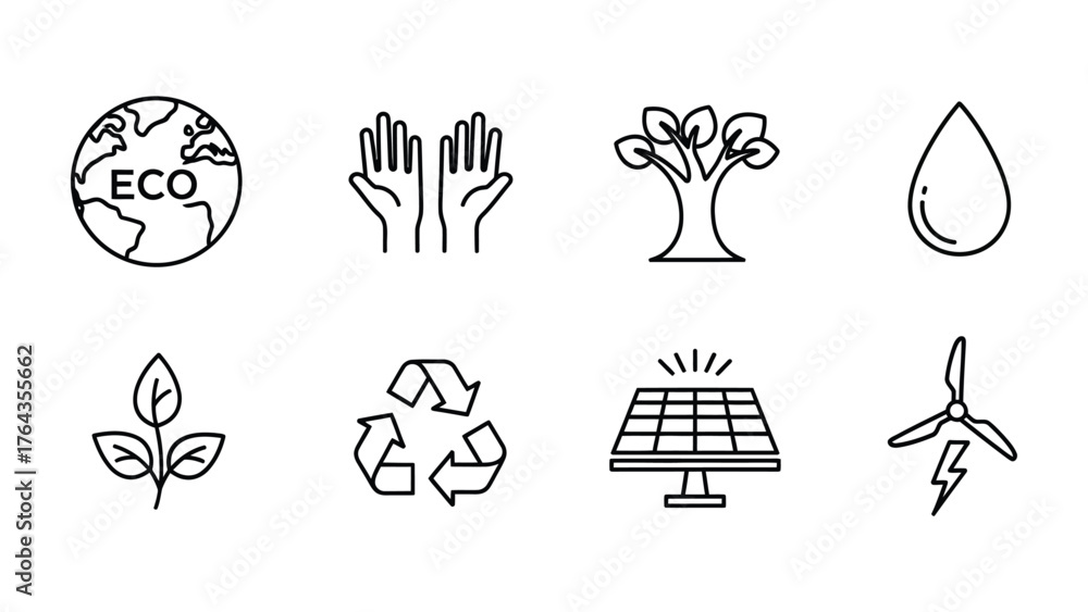 Fototapeta premium Eco-Friendly Icons: A visual tapestry of eco-friendly elements, artfully illustrated with icons representing Earth, protection, trees, water, leaves, recycling, solar panel, and wind turbines.