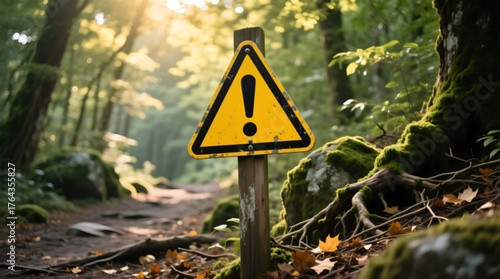 Yellow Warning Sign on Forest Path Illuminated by Golden Sunlight