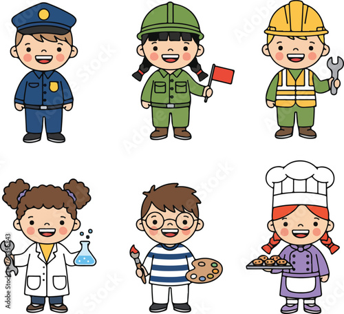 Cute Cartoon Kids in Different Professions Vector Illustration Set