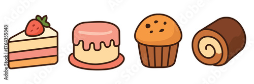 Sweet Bakery Dessert Vector Set – Cake, Muffin, Roll, and Pastry Illustration EPS