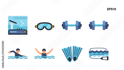 Swimming and Fitness Icons: A set of clean, simple icons illustrating various elements related to swimming and fitness, including swimming goggles, dumbbells, swimmers, fins and water.