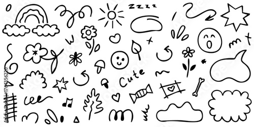 cute hand-drawn black line art doodle elements set: rainbow, sun, flowers, arrows, and funny smiley faces