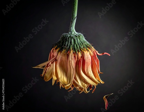 A wilting orange and yellow flower hangs, its petals drooping against a dark, blurred background, one petal falling