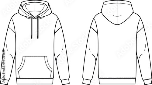 Hoodie flat sketch, sweatshirt technical drawing, fashion vector template, apparel mockup, clothing design outline, unisex hoodie illustration, garment construction, pullover clipart