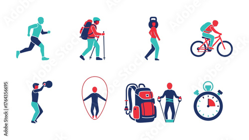 Active Lifestyle: Illustrative display of various physical activities and the essentials for fitness and outdoor adventure. 