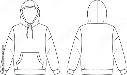 Hoodie vector template, fashion flat sketch, sweatshirt technical drawing, apparel mockup, clothing design outline, unisex hoodie illustration, garment construction clipart