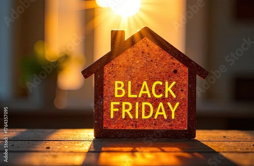 Wooden frame in shape of house with inscription Black Friday inside indoors with sunlight. Real estate, realtor, mortgage, insurance, booking. AI generated