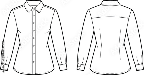 Long sleeve shirt vector, technical flat sketch, fashion apparel drawing, button up blouse design, collar cuff detail, garment construction mockup illustration