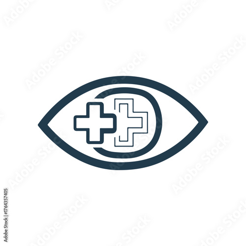 Vector art of eye care symbol with plus signs, representing vision health and medical attention