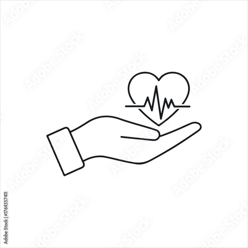 Vector art of hand holding a heart with a cardiogram pulse line, representing health and care