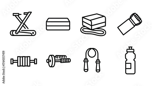Gym Fitness Gear Icon Set: An assortment of essential gym equipment icons, neatly arranged and ready for use. Showing individual items and ready for exercise. 