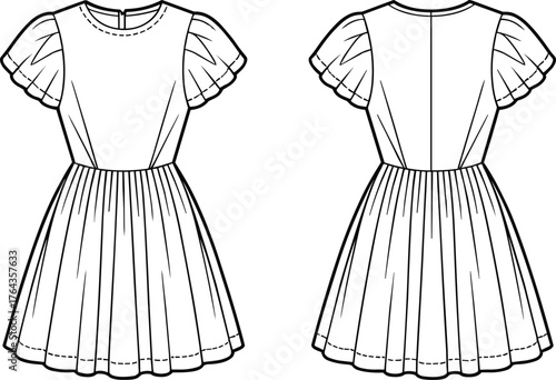 Vector dress illustration, technical fashion sketch, puff sleeve design, short dress template, apparel flat drawing, garment mockup, sewing pattern, clothing line art