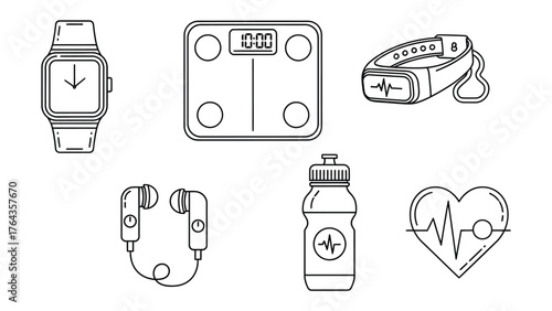 Wellness Essentials: Collection of fitness accessories, meticulously depicted, emphasizing health and well-being. The set features a smartwatch, weight scale, fitness tracker, earphones, water bottle.
