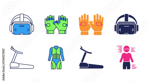Virtual fitness: an array of fitness and VR equipment for immersive workout and training including virtual reality headset, gloves and running machine.