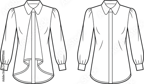 Women blouse flat sketch, fashion technical drawing, apparel vector template, clothing mockup, long sleeve shirt outline, garment design illustration, fashion clipart