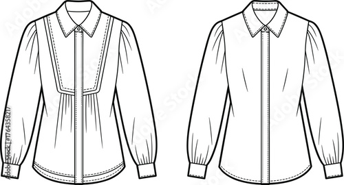 Women blouse flat sketch, long sleeve shirt technical drawing, fashion vector template, apparel mockup, clothing design outline, bib yoke blouse illustration