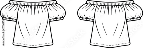 Women off shoulder blouse flat sketch, puff sleeve top technical drawing, fashion vector template, apparel mockup, clothing design outline, garment illustration