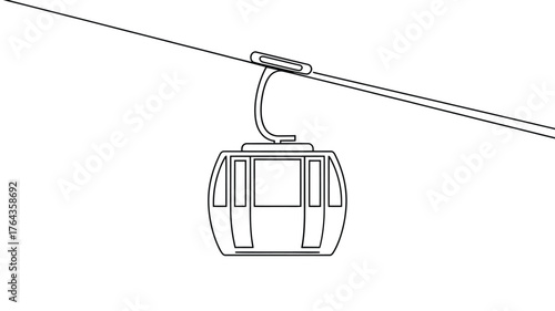 Minimalist line art of a gondola car suspended on a cable