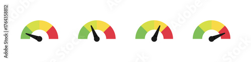 Gauge scale meter. Level meter vector set. Green to red score measurement panel set.