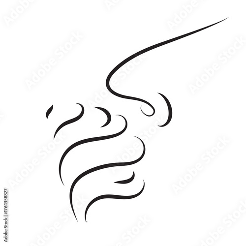 Hand drawn minimalist vector icon of a nose with scent waves