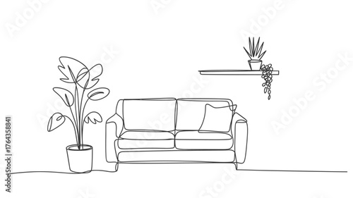 Minimalist line drawing of a living room sofa and plants