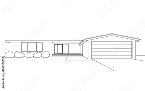 Modern ranch style house architectural line drawing