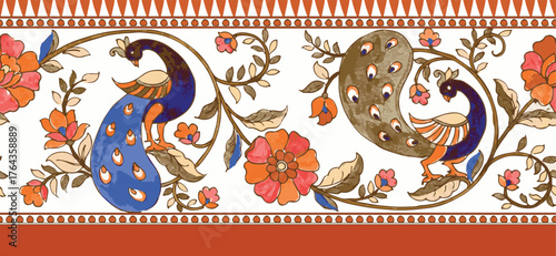 traditional Indian art border design with peacock. digital print design, textile print design, horizontal floral border design.mughal border art.