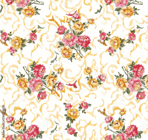 abstract seamless ikat pattern with botanical flower bunches. watercolor floral pattern on abstract background. ethnic pattern. design for wallpaper, wrapping paper, fabric, textile print.