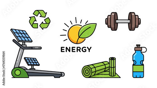 Sustainable Fitness: A collage of health-conscious icons, blending renewable energy and workout essentials. Emphasizing eco-friendly choices with a nod to fitness.