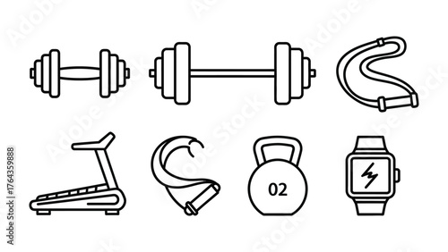 Fitness Equipment Icons: This illustration offers a collection of essential fitness equipment, perfect for promoting a healthy lifestyle.