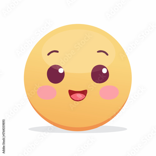 Happy yellow emoji face with pink cheeks showing cheerful expression. Suitable for messaging, social media, or fun design.