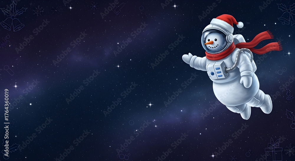 Naklejka premium Cartoon snowman astronaut in a Santa hat flying through a starry night sky