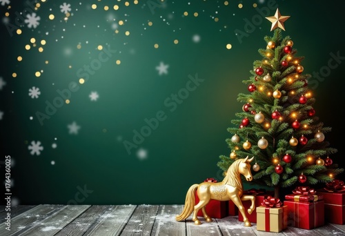 Merry Christmas and Happy New Year green background with Christmas tree, gift boxes and gold toy horse - the symbol of 2026, card template with place for text
