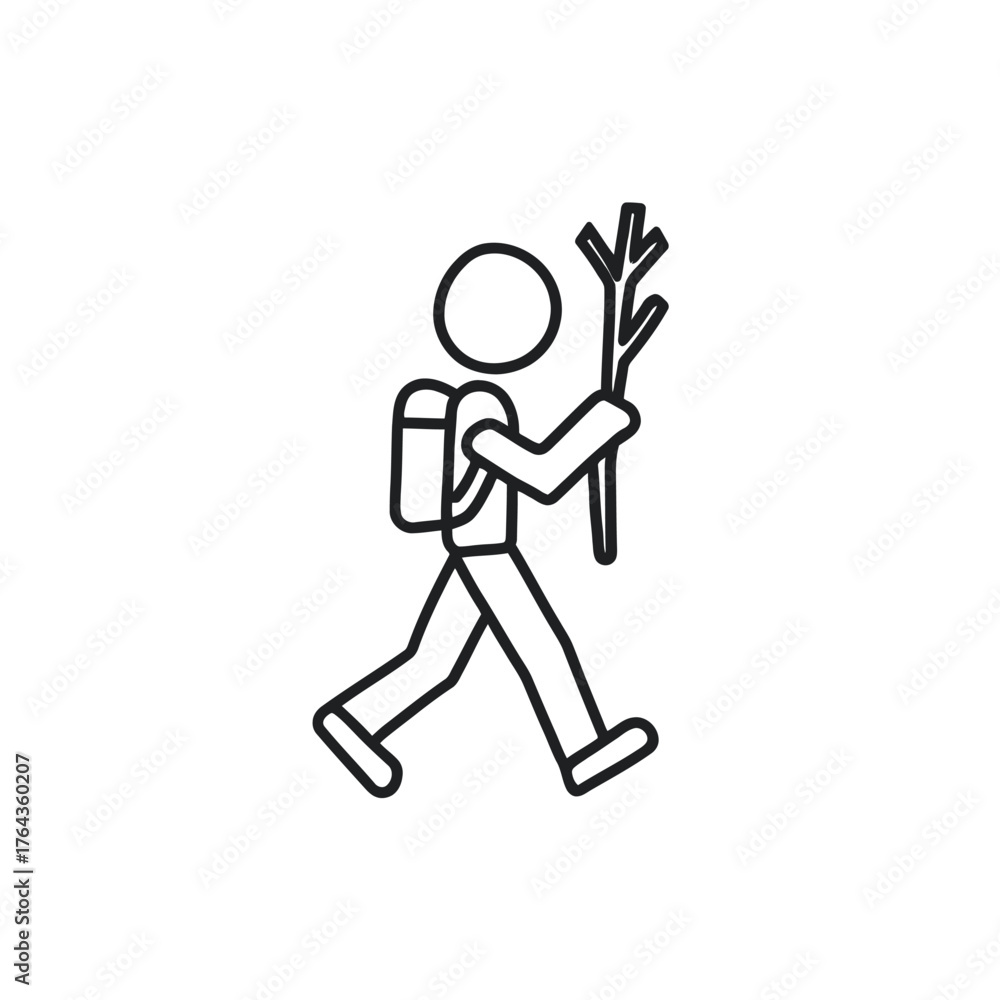 Fototapeta premium Line icon of hiking backpack and walking stick in modern illustration style