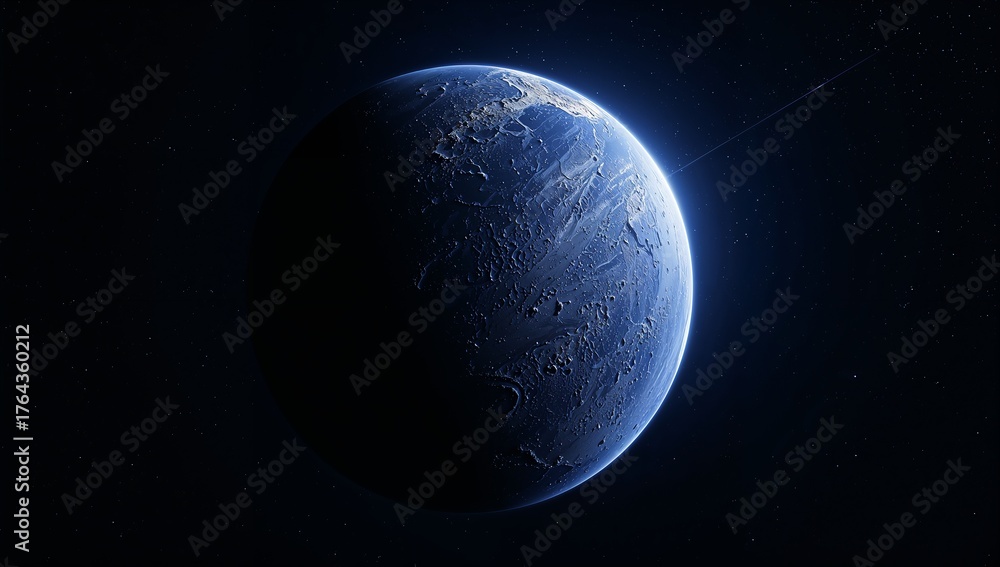Fototapeta premium Dominating rocky planet showing craters in outer space, with distant stars and faint light streak