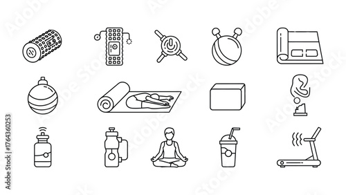 Fitness Equipment Icons: A collection of various fitness equipment in simple icons, representing different tools and objects used for physical activity.