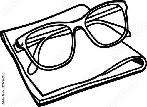 A lens cleaning cloth is depicted in a modern illustration on the optometry vision line icon