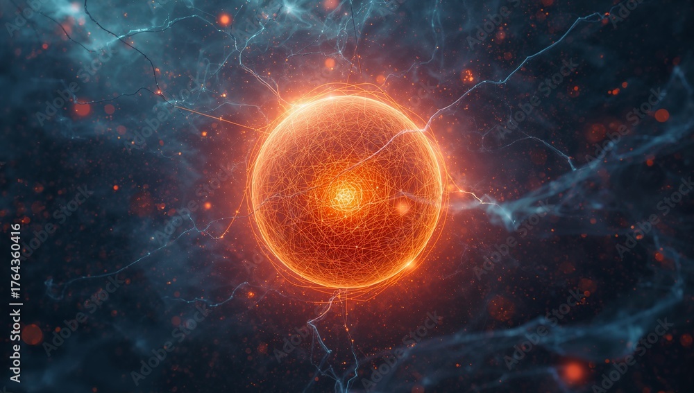 Fototapeta premium Glowing network sphere floating in dark cosmic void, with blue filaments, swirling orange particles