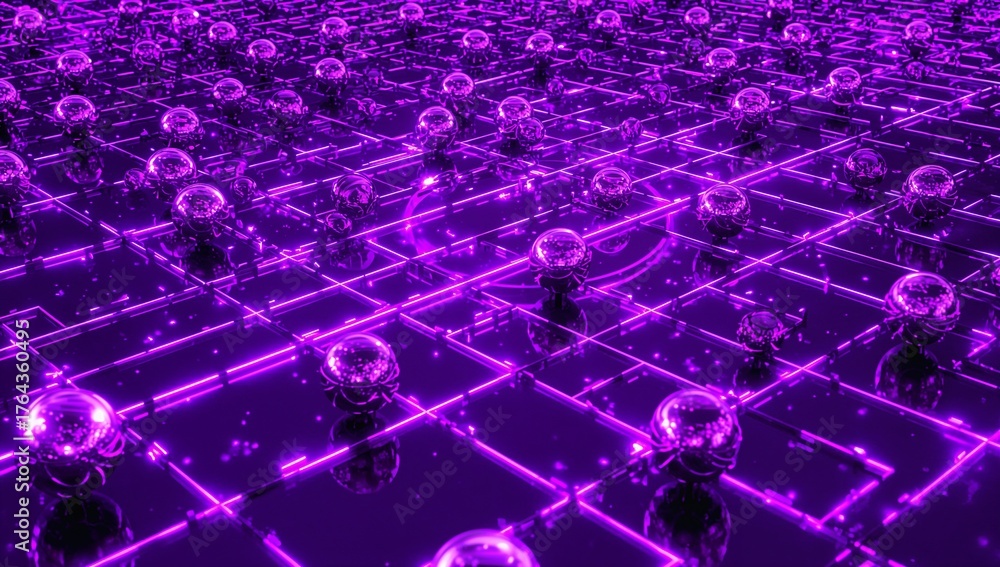 Obraz premium Neon purple grid stretching across digital floor, with mirror spheres and drifting light particles