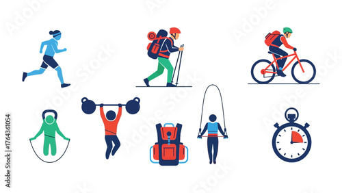 Diverse Fitness Icons: A dynamic collection of vibrant icons showcasing various fitness activities, from running and cycling to weightlifting and jump rope.