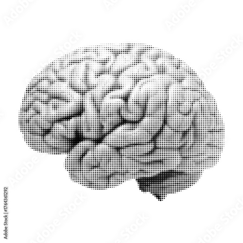 Halftone dotted illustration of a human brain. Abstract black and white pixel pattern symbolizing intelligence, science, AI, and creativity.