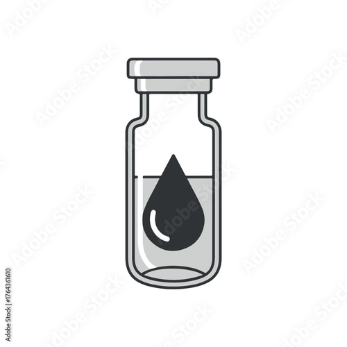 Vector art of a single drop of red blood in a medical vial, , representing blood sample, donation, or medical research