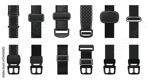 Design elements for straps and bags are presented in a modern illustration collection of various buckles and clasps