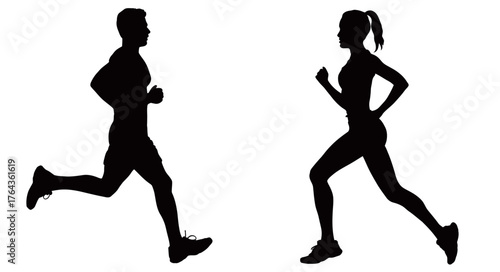 Modern art illustration featuring male and female runners in motion, titled 'Running silhouettes', for sports and fitness, numbered
