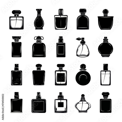 The collection of elegant vintage perfume bottles includes an assortment of classic fragrance containers with unique designs and ornate caps