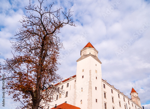 Photography Bratislava Castle in Slovakia with autumn tree in the foreground and a cloudy blue sky