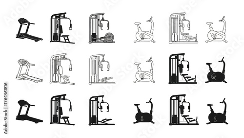 Fitness Equipment: Rows of various fitness equipment including treadmill and stationary bike. Representing modern fitness and gym equipment with lines
